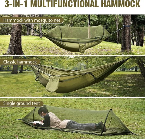 FIRINER Camping Hammock with Mosquito Net, Lightweight Portable Double & Single Hammock Tent with 2 Tree Straps, Parachute Nylon Hammock for Outdoor Backpacking Beach Backyard Patio Hiking, Arm Green