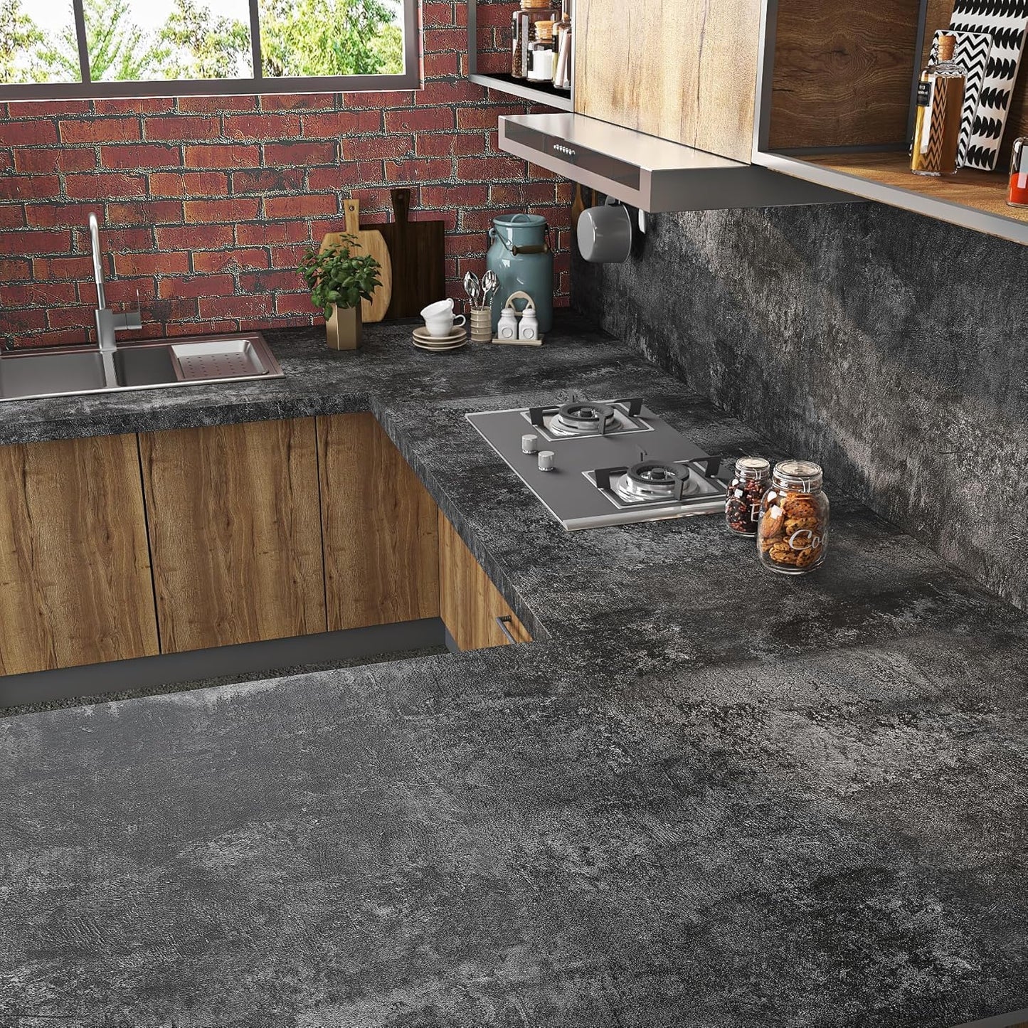 Livelynine Black Textured Concrete Wallpaper Peel and Stick for Bedroom Kitchen Living Room Accent Wall Dark Concrete Contact Paper Countertops Industrial Cement Wall Paper Bathroom Garage 15.8x78.8