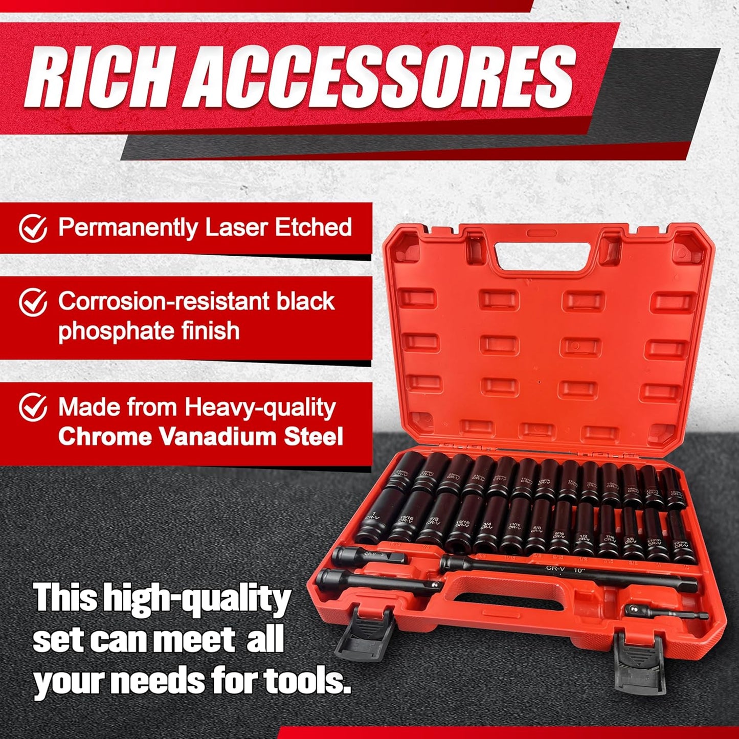 29-Piece Deep Impact Socket Set with Extensions | SAE & Metric Cr-V Steel