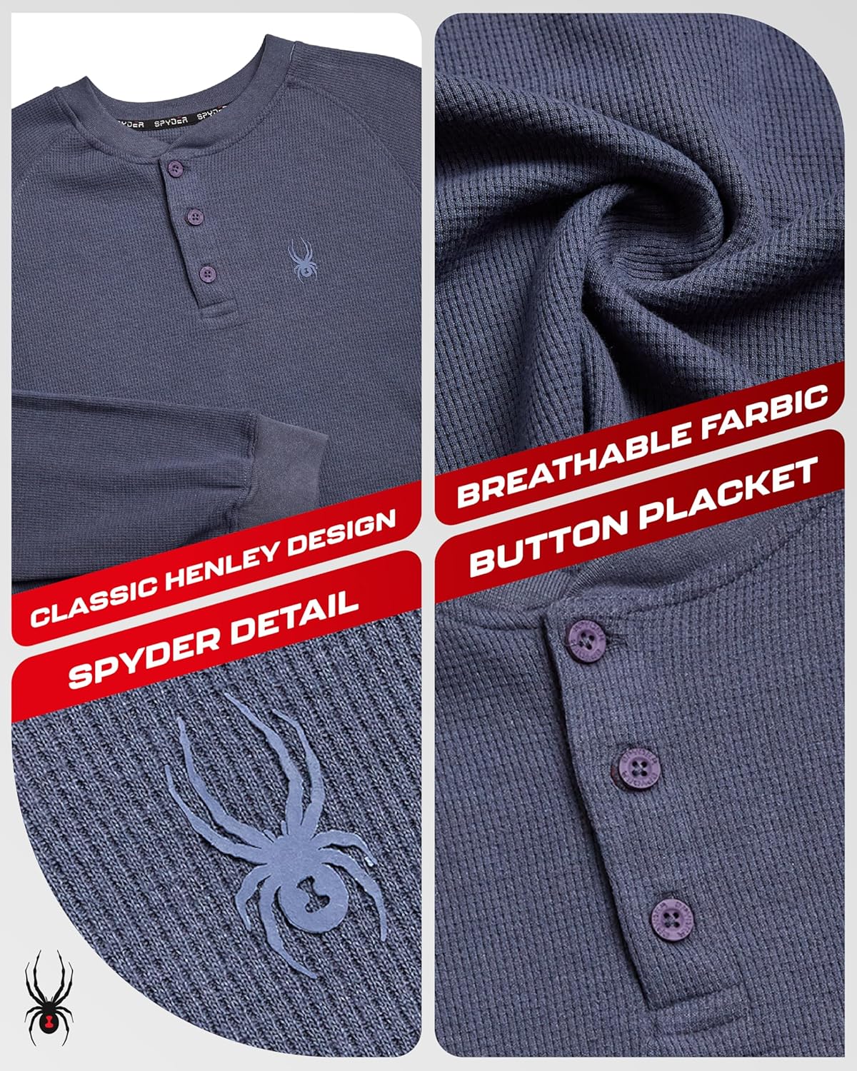 Spyder Mens Henley Shirts - Soft Cotton Blend Waffle Knit | Moisture-Wicking Quick-Dry Long Sleeve