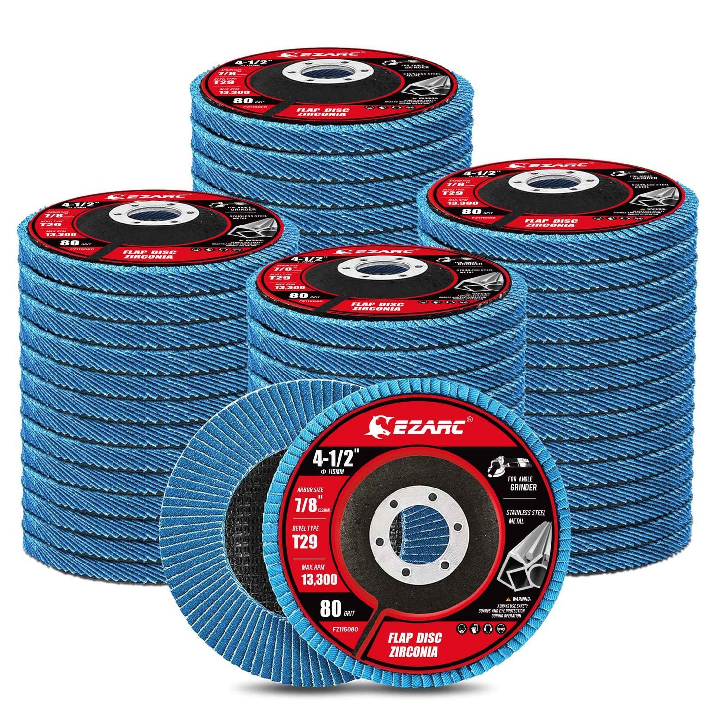 EZARC Flap Discs 80 Grit, 4 1/2 x 7/8-Inch Flap Sanding Disc, Type 29 Zirconia Grinding Wheel for Stainless Steel, Sheet Metal (50 Pack)