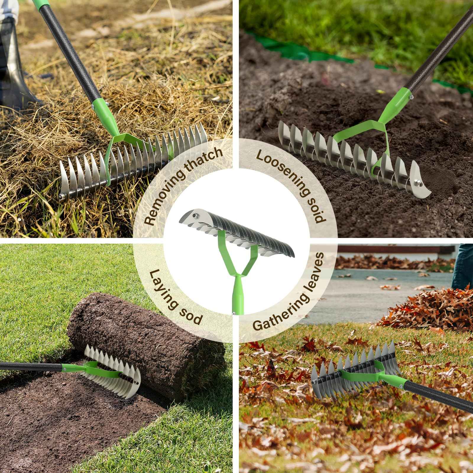 Thatch Rake, 13" Wide Efficient Dethatcher Rake with 55" Adjustable Long Handle, Heavy Duty Steel Metal Dethatching Rakes for Cleaning Dead Grass, Loosening Soil, Lawn Care in Yard Garden
