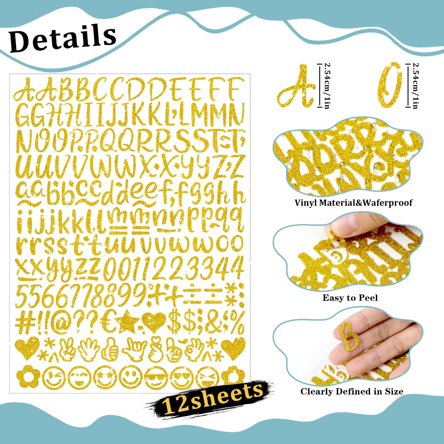 2460 Pcs 12 Sheets Letter Stickers Glitter Alphabet Number Stickers 1 Inch Self Adhesive Vinyl Sticker Letters for Water Bottles Cup Scrapbook Craft Label Notebook Mailbox Graduation Cap Decor (Gold)