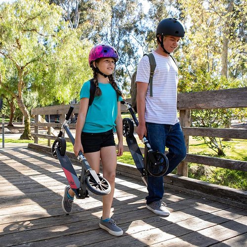 Mongoose Trace 180 Kick Scooter for Youth Adult Boys and Girls, Lightweight, Quick-Release & Easy Folding Scooter, With 180mm Wheels, Kickstand, Grey/Red