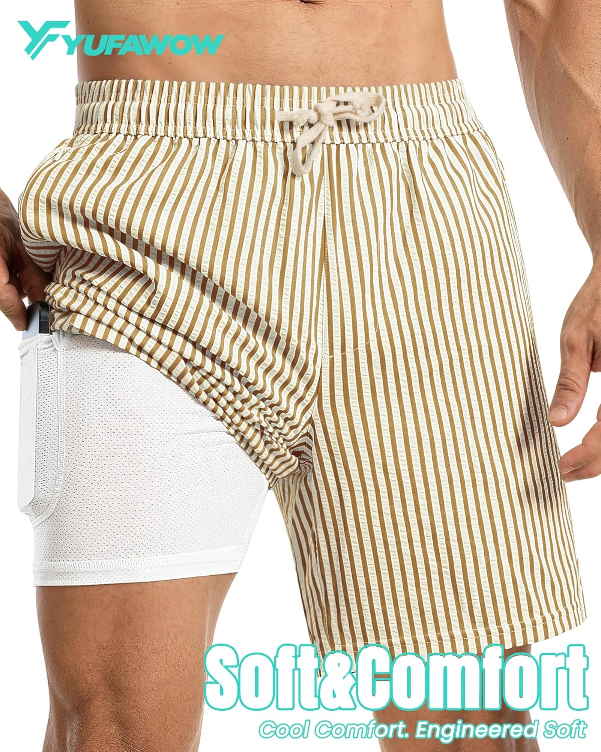 Skiennix 2-in-1 Seersucker Men’s Swim Trunks - Quick Dry with Compression Liner & Zipper Pockets | 7 Inches