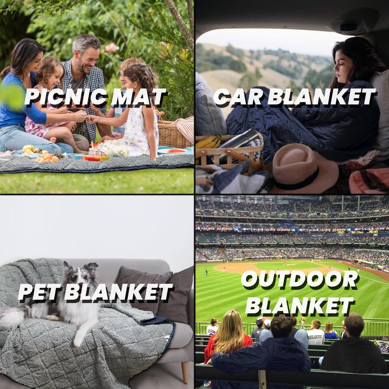 Waterproof Outdoor Blanket 92”X 60” Packable, Stadium Blankets for Camping with Sherpa Fleece Lining, Large Windproof Emergency Throw Mat for Garss Picnic Hiking Road Trip, Machine Washable, Navy