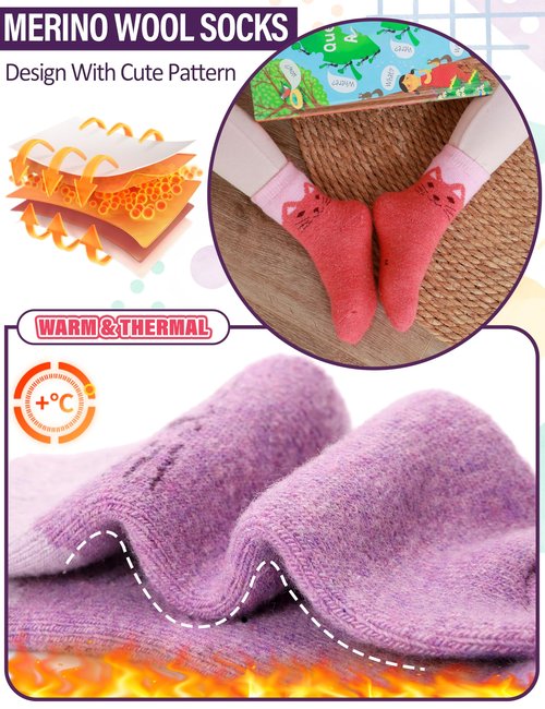 EBMORE Kids Merino Wool Socks for Toddlers Boys Girls Warm Thermal Winter Thick Hiking Heavy Cozy Crew Boot Socks Gift Stocking Stuffer 6 Pairs(Cat Face,1-3 Y)