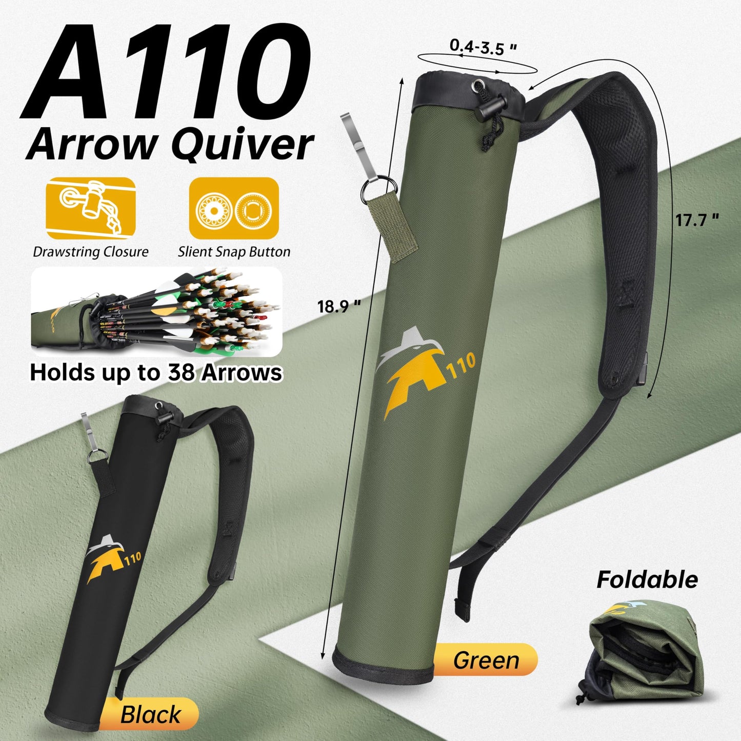 SUNYA Archery Arrow Quiver, Hip and Back Dual Carry Modes, Adjustable Quick-Detach Silent Buckle, Foldable Lightweight 200g, Noise Reduction Drawstring Closure