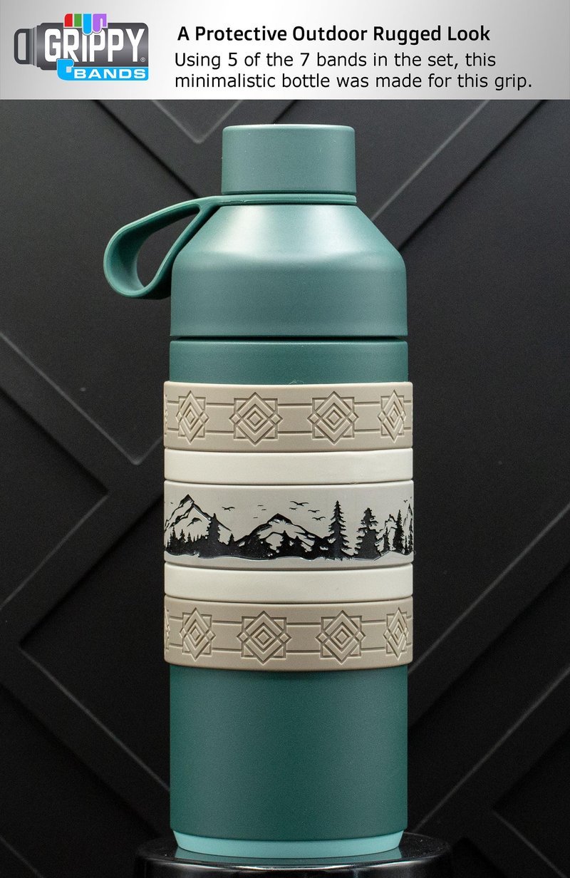 Mountain Scene Water Bottle Grip Kit - SIERRA WRAP: Regular - 7 Rugged Silicone Bands for Superior Grip, Style, & Protection.