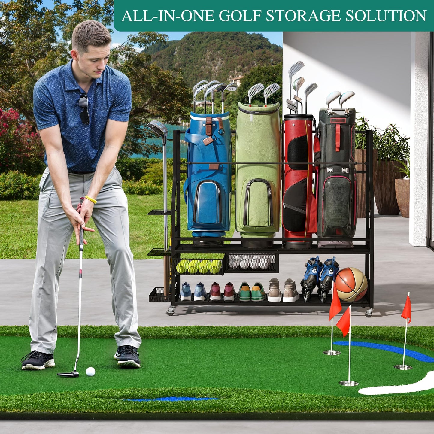 YITAHOME Golf Bag Storage Rack with Wheels, 4 Golf Bag Organizer for Garage, Club, and Shed, Features Drawer for Golf Bags, Clubs, Balls, and Other Sport Equipment