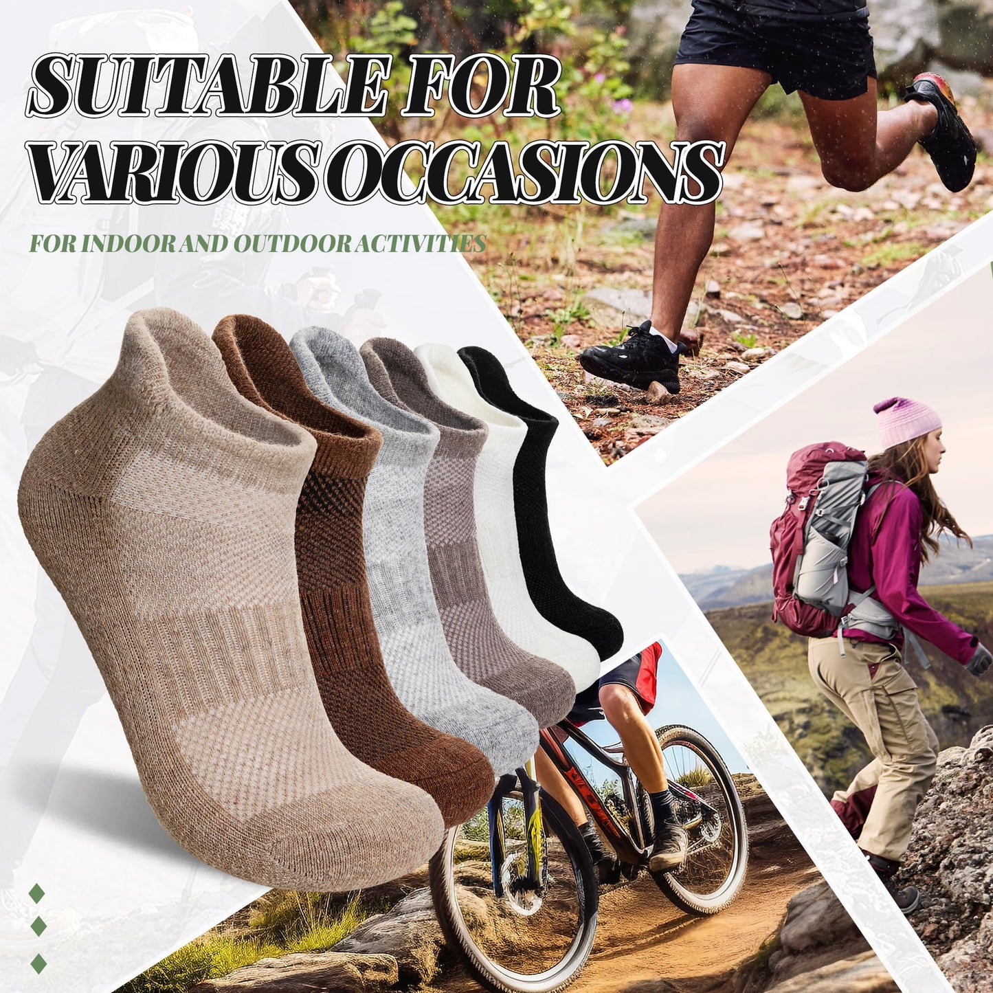 Merino Wool Ankle Hiking Socks For Men & Women No Show Running Athletic Support Thick Cushioned Breathable Socks 6 Pairs (Black & Grey, 6-9)