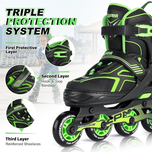 2PM SPORTS Torinx Green Adjustable Inline Skates - Fun Beginner Roller Skates for Kids & Adults