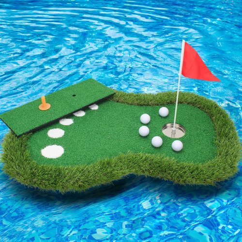 LightZon Floating Golf Green for Pools - Golf Putting Green Set Includes Chipping Mat, 5 Balls, Cup, Flag, Tee, Improve Skills