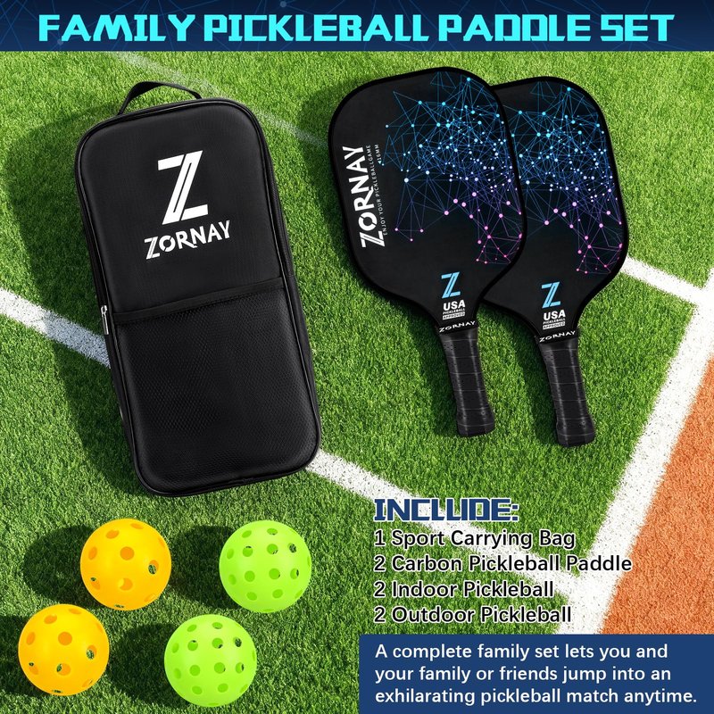 Zornay Pickleball Paddles Set of 2 - Light Weight Pickle Ball Paddles Set for Beginners, Men & Women - Perfect Starter Family Pickleball Racket, Fiberglass/Carbon, USAPA Approved