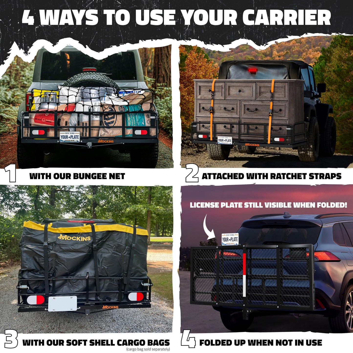 Mockins 60"x24"x14" High Rail Trailer Hitch Cargo Carrier w/License Plate Bracket & 30 Cu.Ft. Waterproof Cargo Hitch Carrier Bag | 500 Lbs. Cap All-Weather Folding Luggage Rack for SUV Truck & Car Set