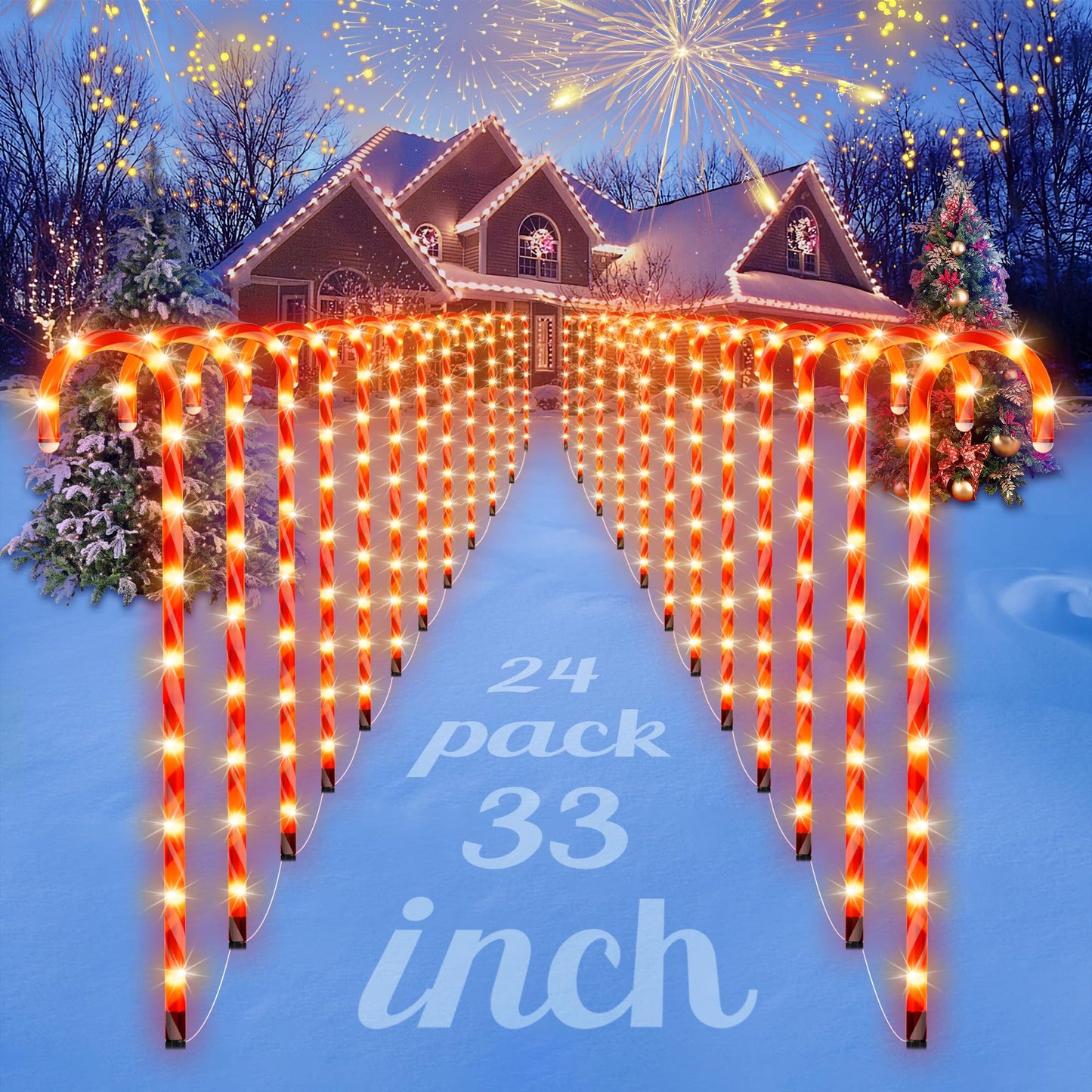 COOLWUFAN 24 Pack Chrismas Candy Cane Lights, 33'' Light Up Candy Cane Chrismas Decoration Outdoor Yard, Waterproof Xmas Outside Decor Pathway Lights