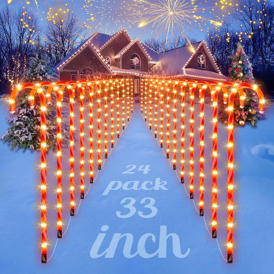COOLWUFAN 24 Pack Chrismas Candy Cane Lights, 33'' Light Up Candy Cane Chrismas Decoration Outdoor Yard, Waterproof Xmas Outside Decor Pathway Lights