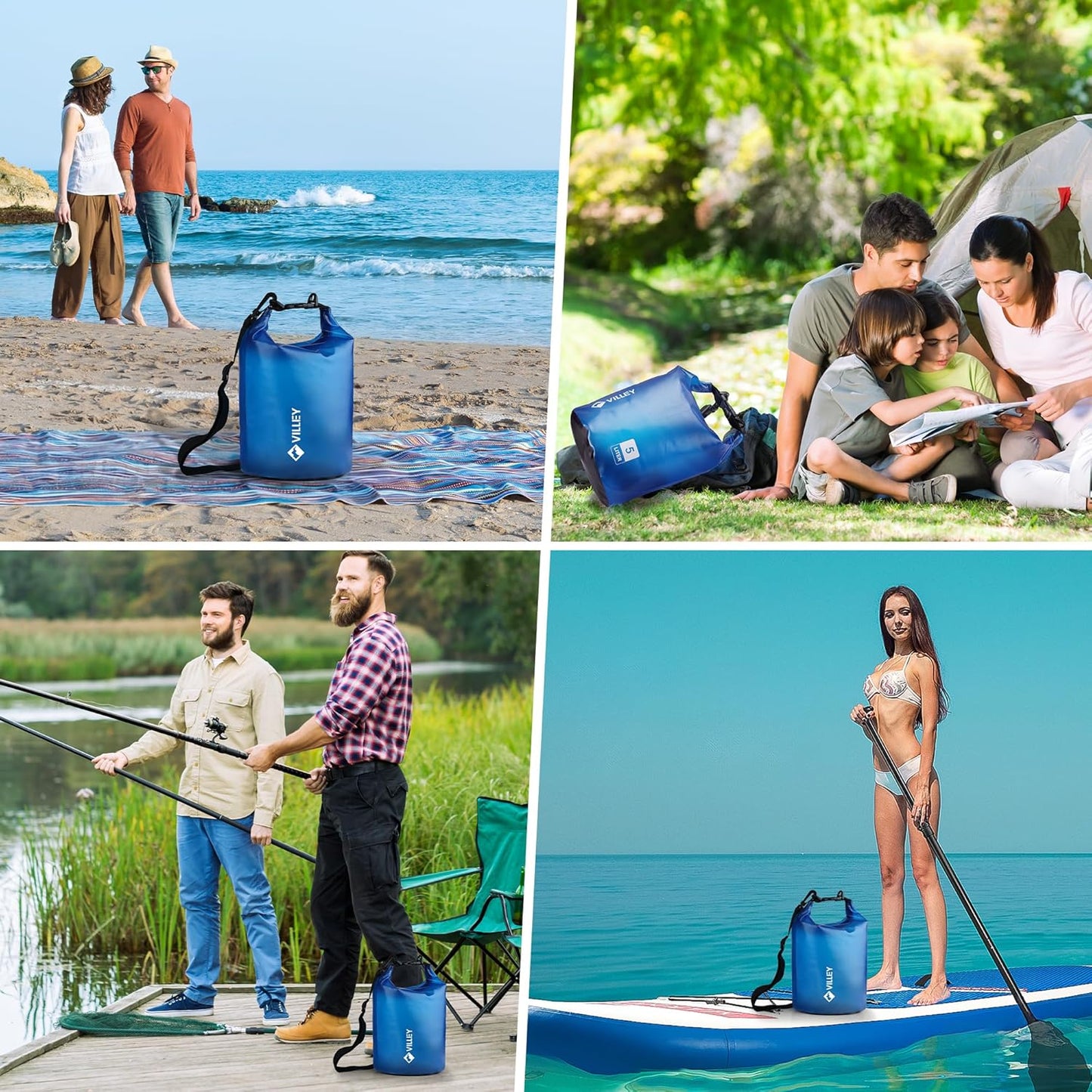 VILLEY Waterproof Dry Bag - 5L Roll Top Backpack for Kayaking, Camping & Beach - Blue Transparent