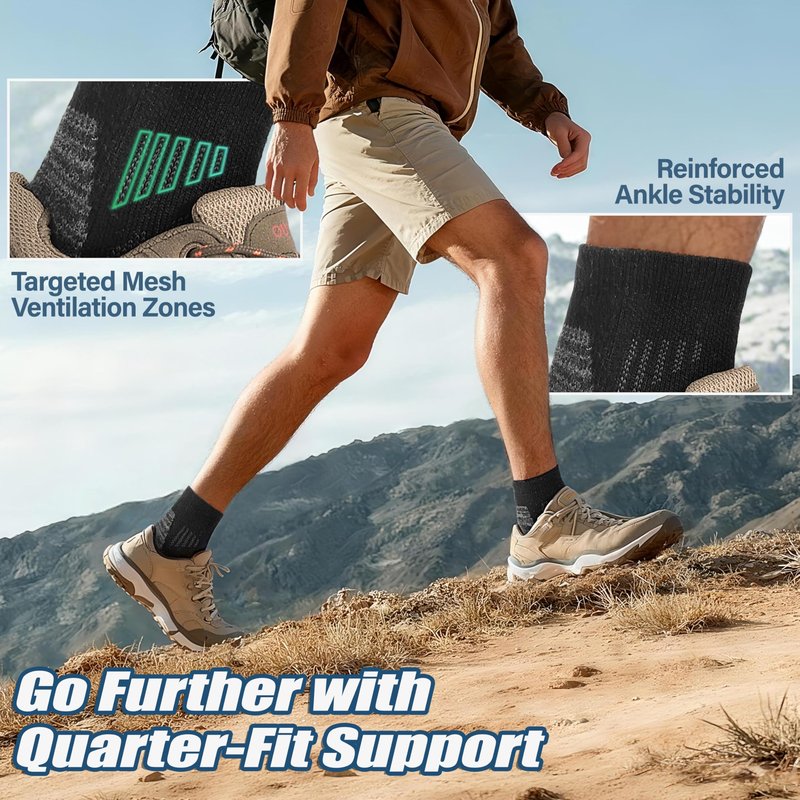 ANTSANG 6 Pairs Merino Wool Hiking Running Socks, Enhanced Breathability, Warm Quarter Ankle Socks for Men and Women(Black, L)
