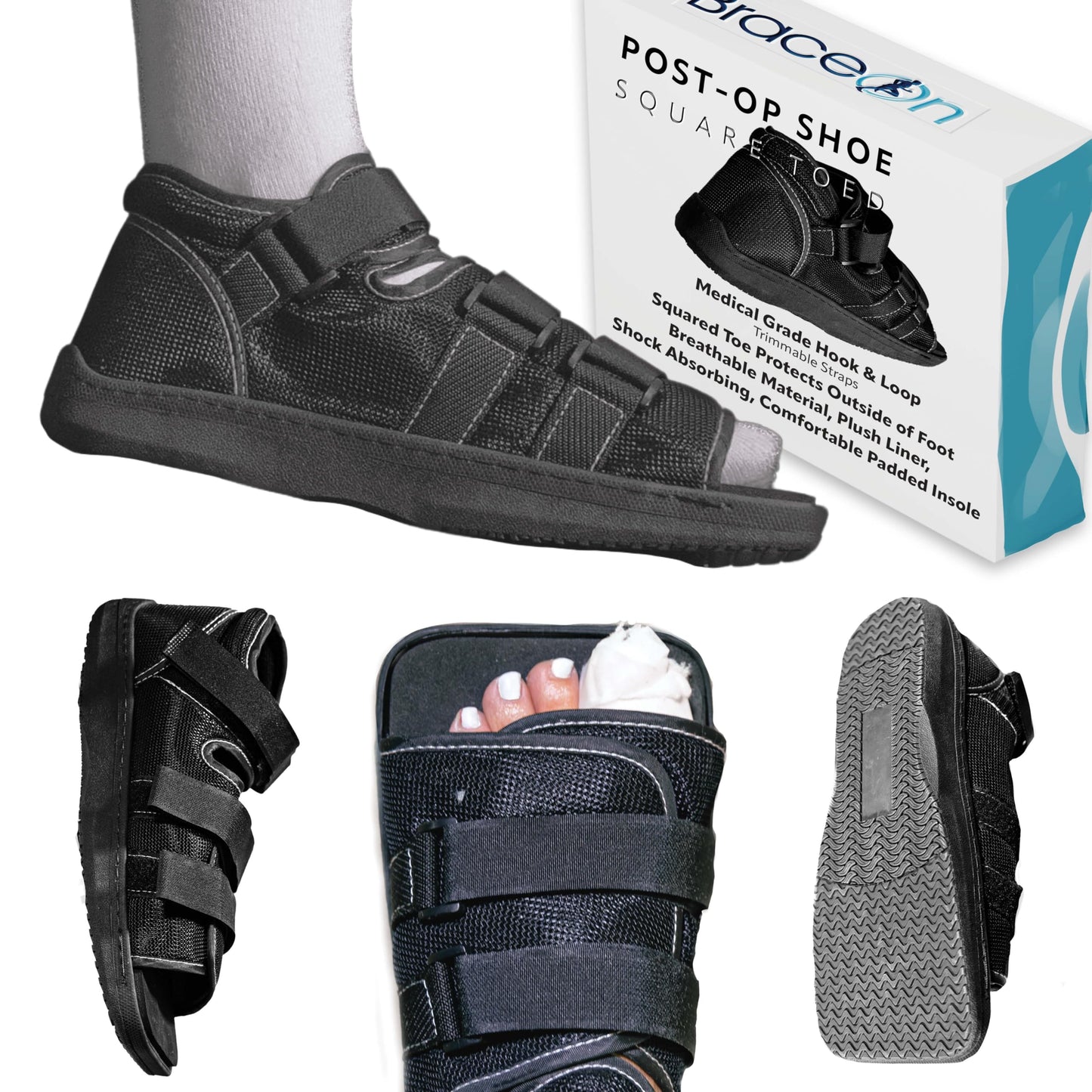 Brace On Post Op Shoe - Adjustable Orthopedic Walking Shoe for Women & Men - Square Open Toe Medical Foot Support for Post-Surgery, Broken Toe & Foot, Stress Fracture (Women, Medium, Size 6.5-8.5)