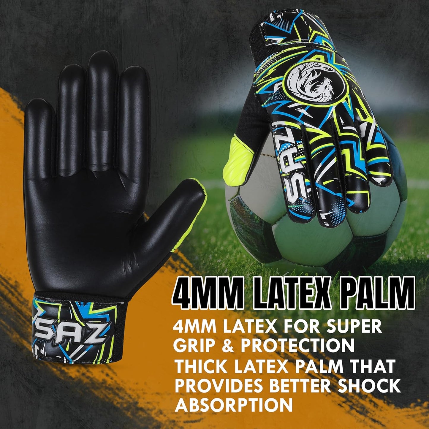 SAZ Soccer Goalie Gloves - Youth Football Goalkeeper Gloves with 4mm Latex Super Grip Palms