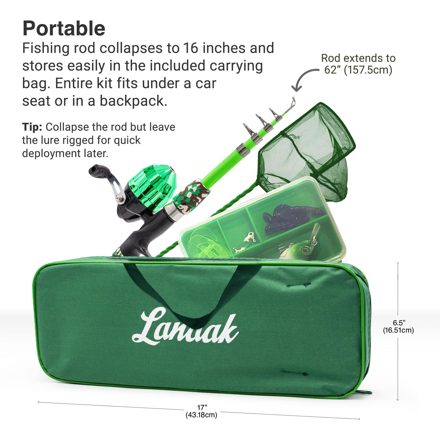 Lanaak Beginner Kids Fishing Pole & Tackle Box - Camo Green Fishing Rod