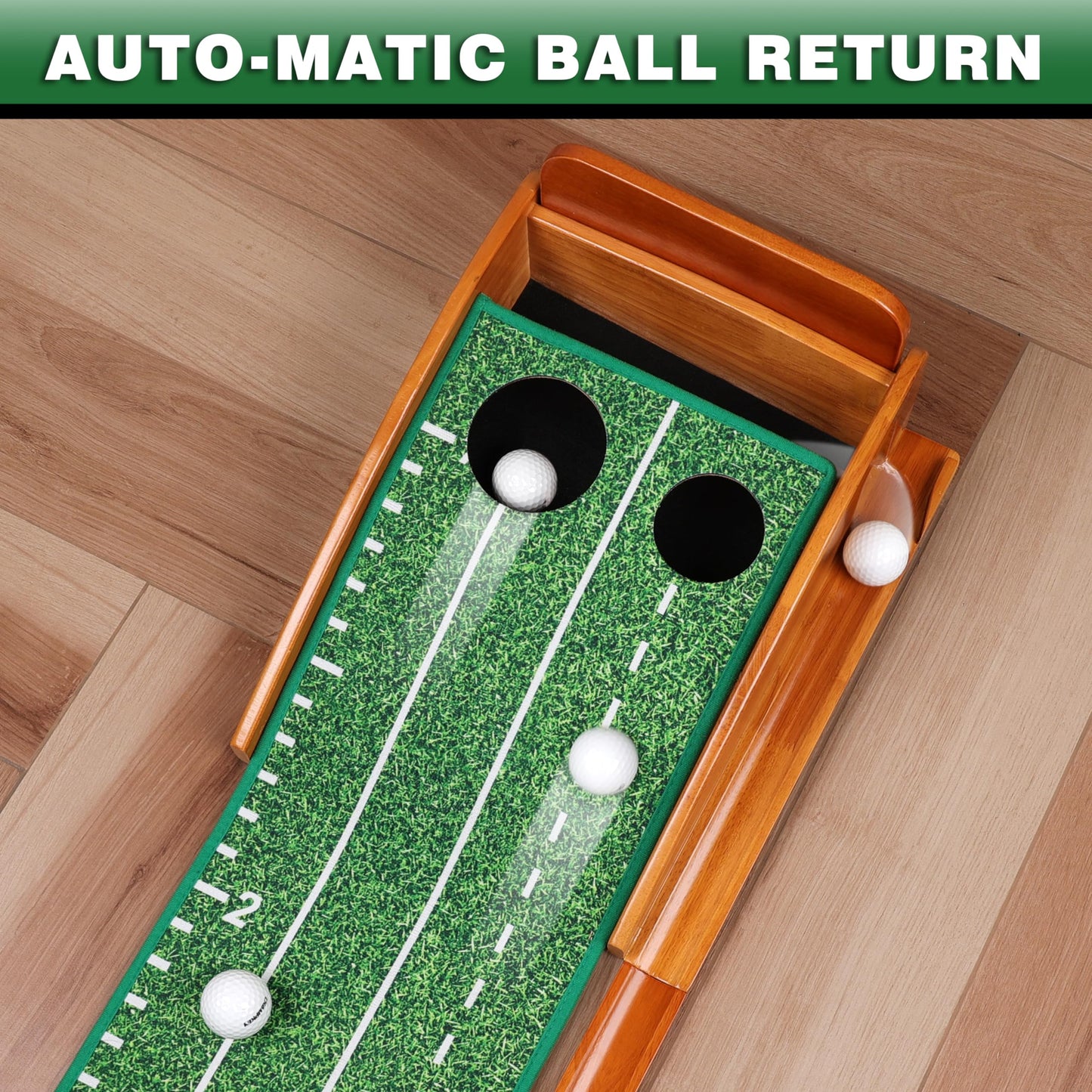 CHAMPKEY Premium Golf Putting Green Indoor with 3 Golf Putting Gates - Improves Putting Accuracy and Skill Levels Golf Putting Mat - Ideal for Indoor and Outdoor Training(Dual Hole - Wooden)