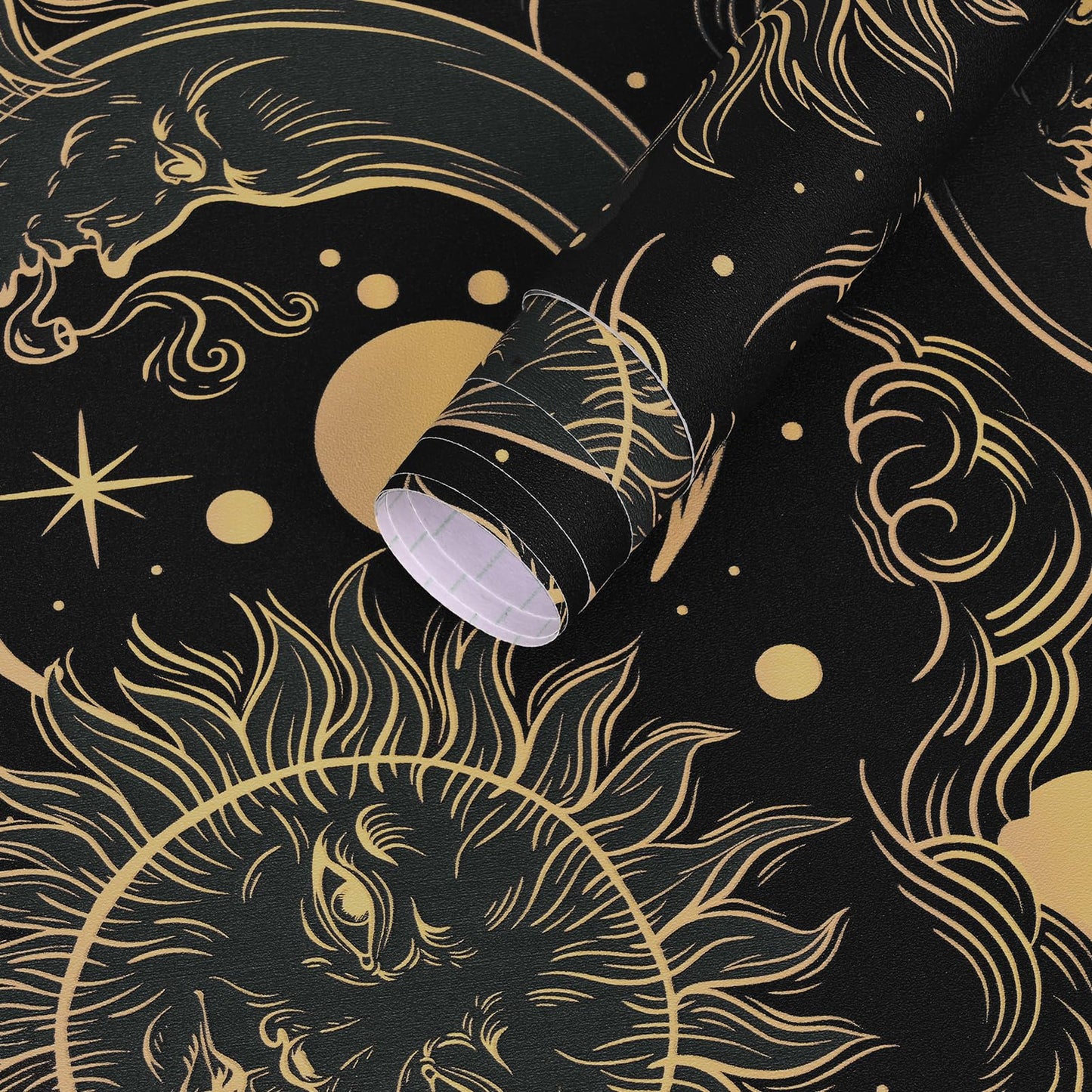 WENMER Celestial Wallpaper 17.3” X 118” Gothic Peel and Stick Wallpaper Dark Brown and Yellow Contact Paper Sun/Moon/Star Wallpaper Self Adhesive Vintage Night Sky Wallpaper for Bathroom Bedroom