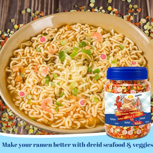 11.6oz Dried Ramen Toppings – 11 Mixed Dehydrated Seafood & Vegetables with Shrimp, Crab & Fishcake, Freeze-Dried Veggies for Soups, Salads, Pizza & Camping Meals