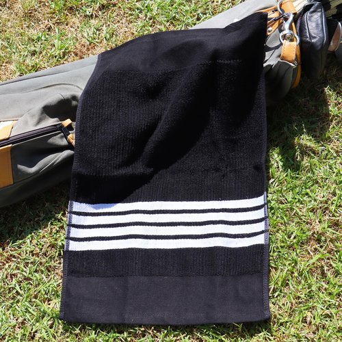 Golf Guys Tour Towel Terry Cloth Golf Towel (15.5" x 23") with Premium Carabiner Golf Bag Clip | Super Absorbent, Golf Ball Cleaning Towel, Black w/White Stripes