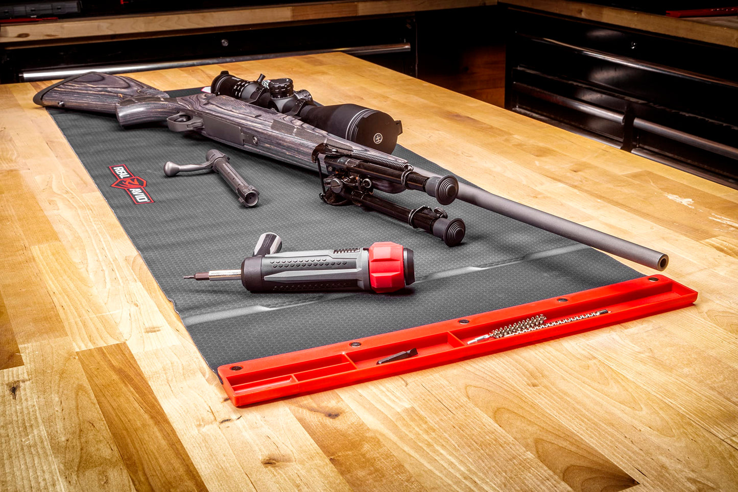 Real Avid Universal Smart Mat - 43x16”, Large Gun Cleaning Mat with Integrated Red Parts Tray, Gun Oil Resistant, Non-Slip, Padded Cleaning Mat