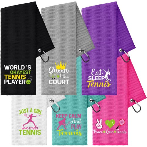 VitalCozy 6 Pcs Soft Tennis Towel for Sweat, Tennis Accessory Gift for Women, Embroidered Towels with Clip, Sports Court Player Lover Adult