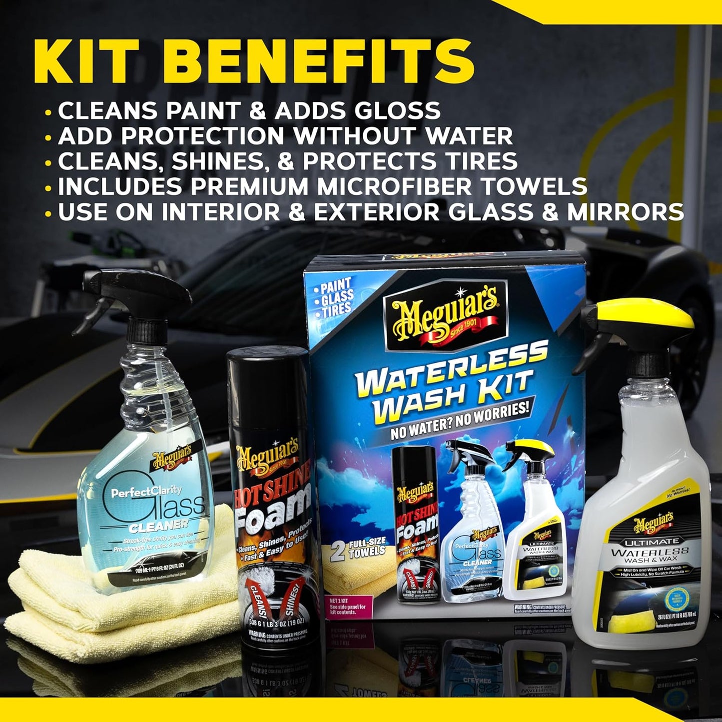 Meguiar's Waterless Wash Kit - Premium Car Detailing Solution for Dirt Removal & Shine | No Water Needed