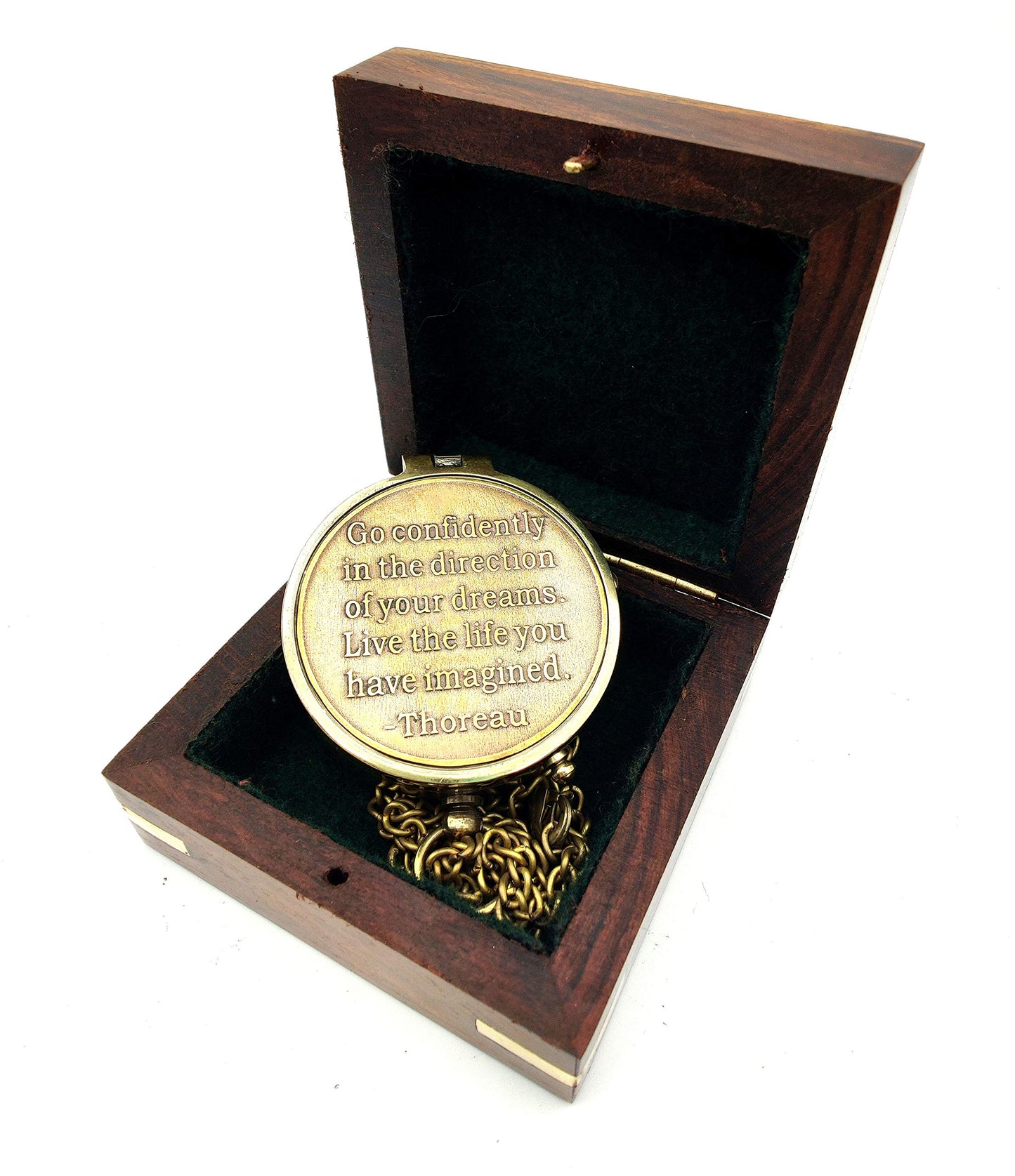 Handmade Vintage Gift Compass with Thoreau's Go Confidently Quote Engraved Brass Compass with Wooden case, Graduation Day Gifts, Boys Gifts, Compass Gifts
