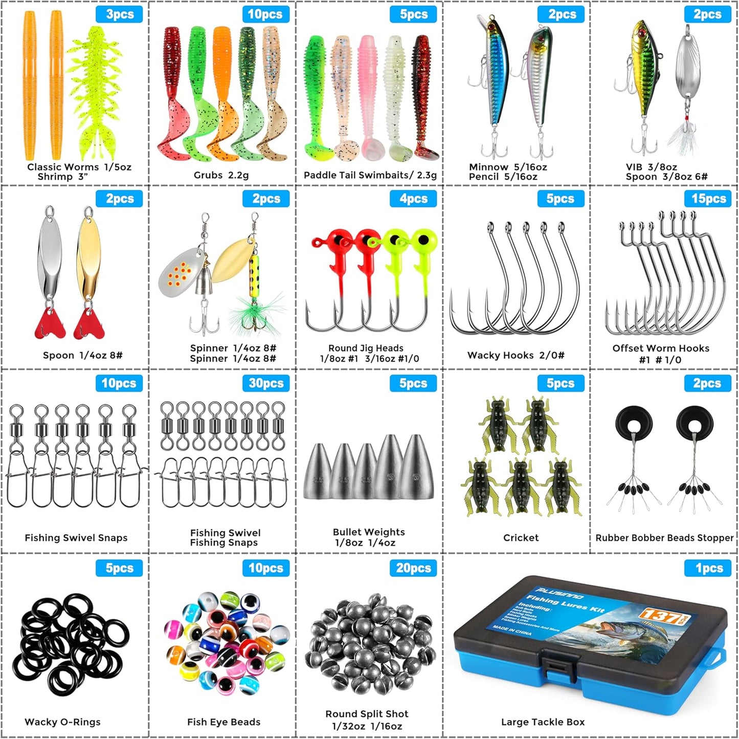 PLUSINNO Fishing Lures - 137-Piece Tackle Box with Crankbaits, Hooks & Weights - Ideal Gift for Men