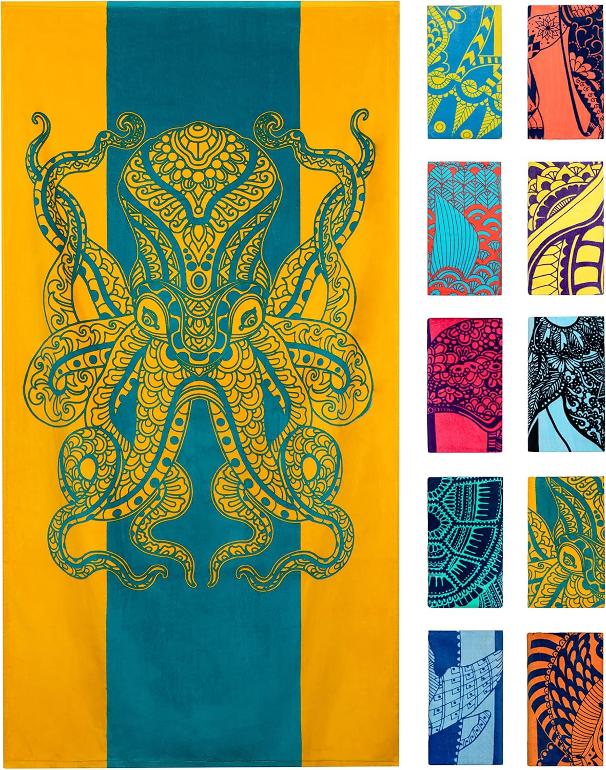 Nova Blue Beach Towel - Vibrant Tropical Design in Orange & Teal | 34" x 63" 100% Cotton Travel Towel