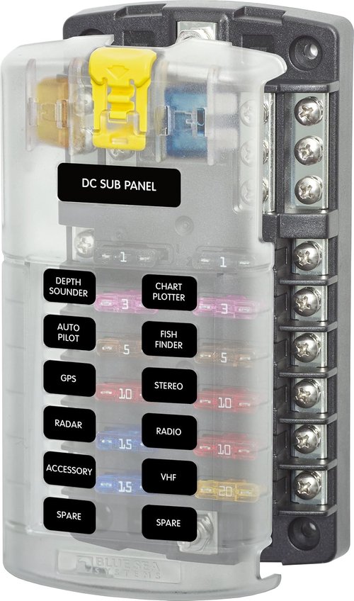 Blue Sea Systems ST Blade Fuse Block - 12 Circuit with Ground & Cover, 100 Amps, Model 5026