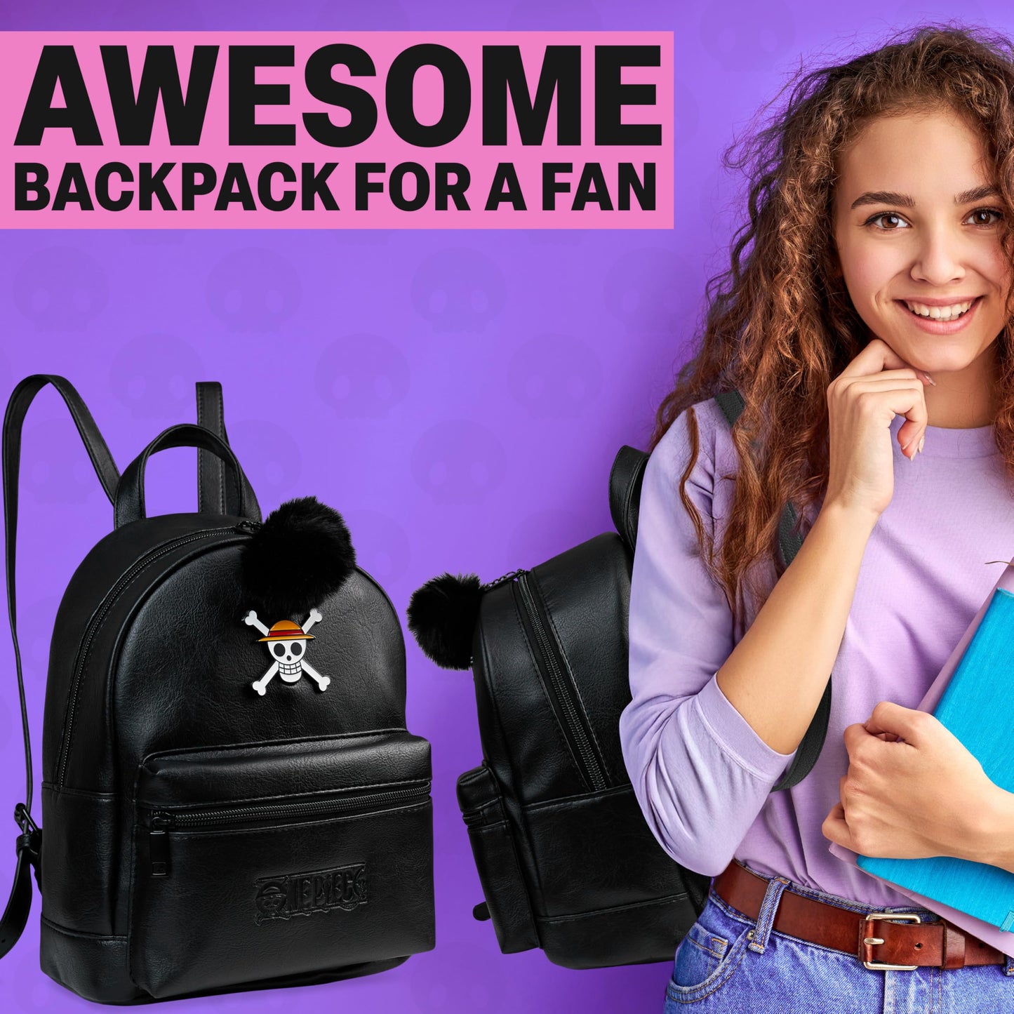 One Piece Mini Backpack for Women Teens Faux Leather Daypack, Small Rucksack, Anime Shoulder Bag with Pom Pom, Travel Gifts for Women