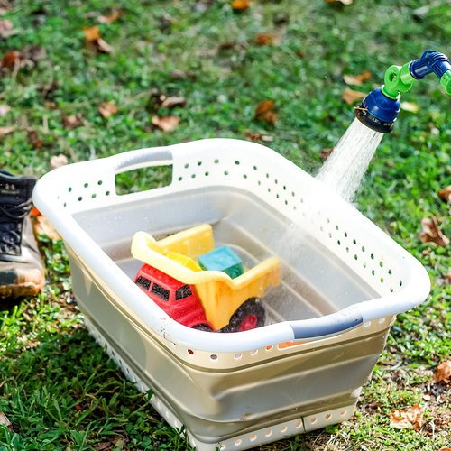 Camco Collapsible Utility Laundry Basket - Waterproof Design Easily Fits Into Compact Spaces - Great for Traveling, RVs, Trailers Camping, Dorms, Small Spaces and More - White/Gray -(51903)