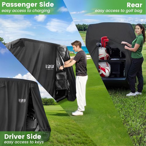 10L0L Golf Cart Cover 2/4/4+2 Passenger for Yamaha EZGO Club Car, Heavy Duty 420D Waterproof Windproof Durable Oxford Golf Cart Cover with 3 Zipper Doors for All-Weather Protection - Black