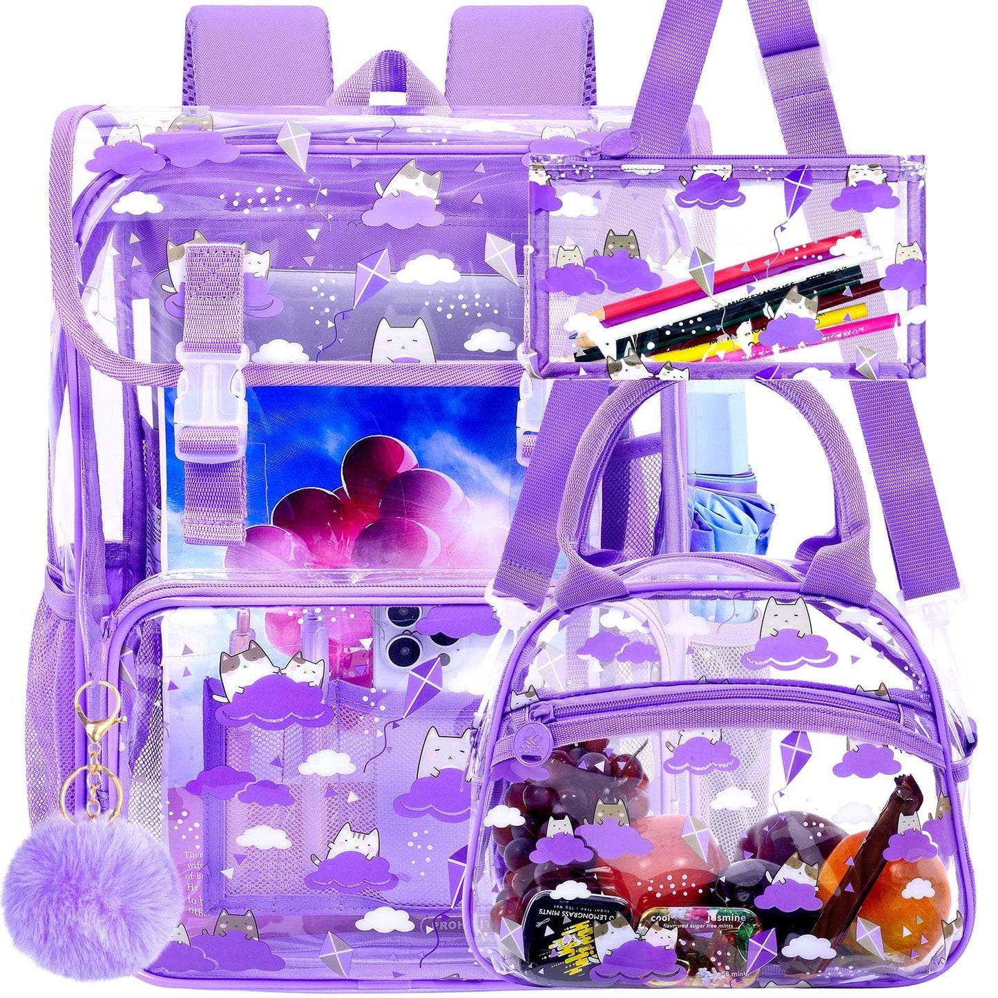 ZLYERT 17" Cat Clear Backpack for Girls - 3Pcs Flip Design Stadium Approved Set, Campus/School Transparent Bookbag (Purple)