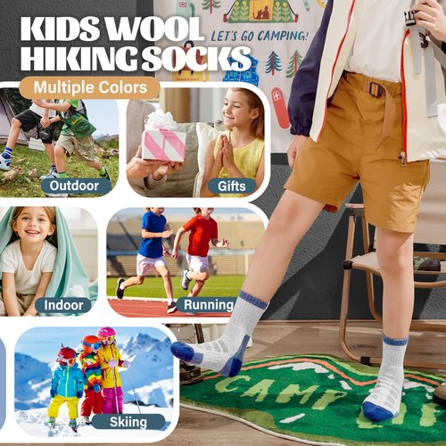 Anlisim Kids Merino Wool Hiking Socks Boys Girls Toddlers Thermal Winter Warm Boot Thick Cushion Gift Socks 6 Pairs(Blue Check,8-12 Years)