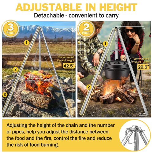 Joyfair Campfire Camping Tripod Grill Grate(17” Dia.), Heavy Duty Stainless Steel Openfire Tripod with Over Firepit Rack Camp Equipment, Adjustable Height Stand for Outdoor BBQ Cooking Grilling