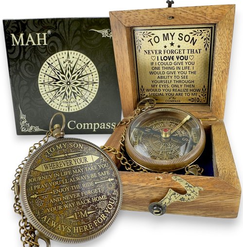 Brass Compass Gift – to My Son Never Forget that I Love You, Sentimental Keepsake Gift from Mom Dad & Grandparents for Graduation, Baptism, Confirmation, Communion, Birthday, Back to School Best Gift