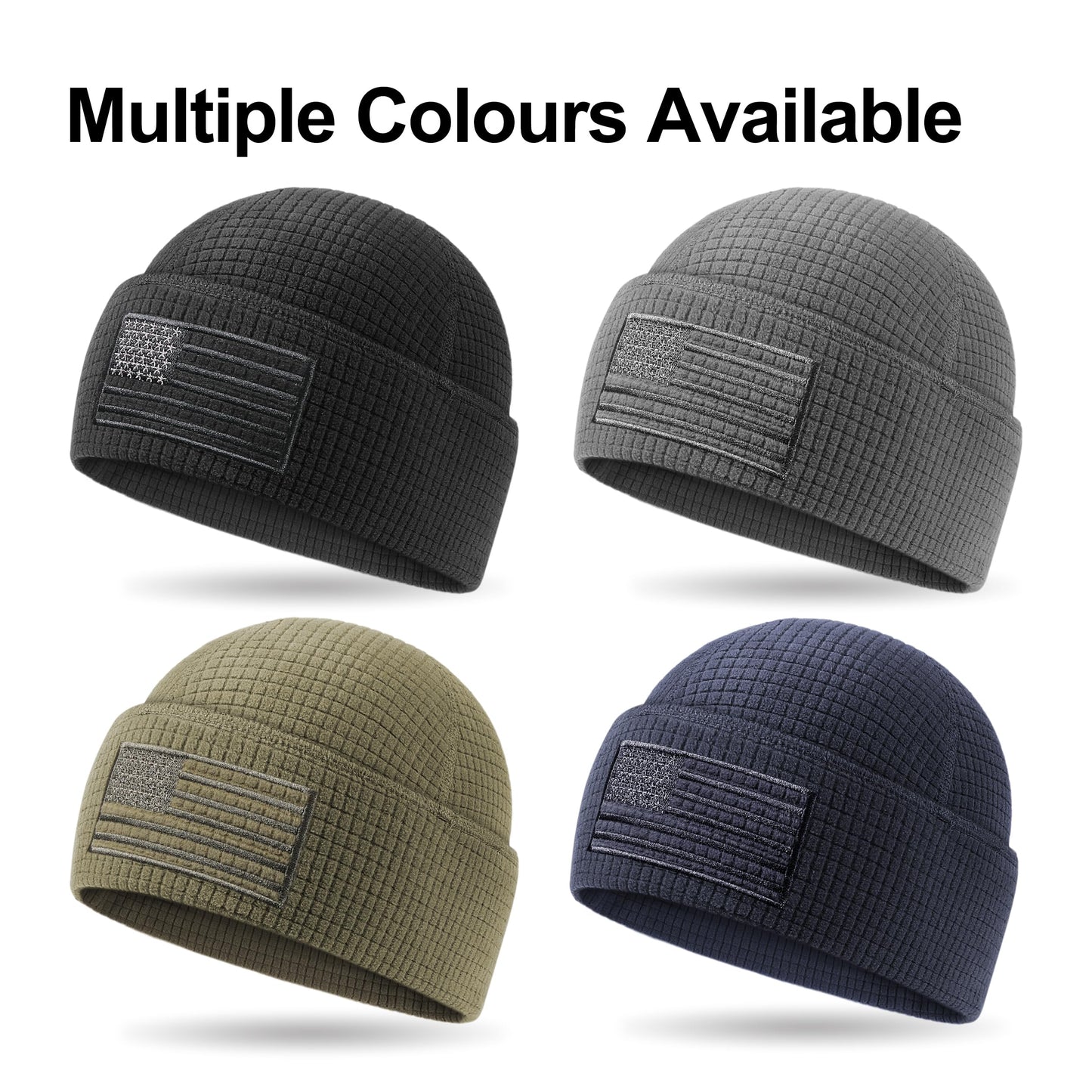 OUTDOOR SHAPING Grid Fleece Cuffed Beanie with American Flag Embroidery, Waffle Tactical Army Military Police Skull Cap Black