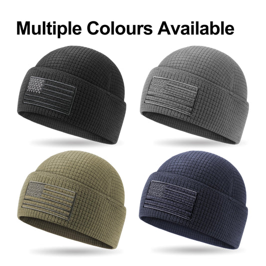 OUTDOOR SHAPING Grid Fleece Cuffed Beanie with American Flag Embroidery, Waffle Tactical Army Military Police Skull Cap Black