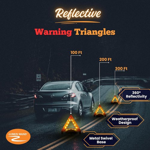 Lumen Wand LED Reflective Warning Triangle Kit - 3-Pack for Road Safety | Metal Base, Internal LEDs & Reflectors, Storage Bag Included