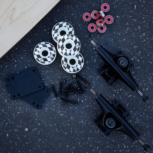 Cal 7 Skateboard Package Combo with 5 Inch / 129 Millimeter Trucks, 52mm 99A Wheels, Complete Set of Bearings and Steel Hardware (Black Truck + White Speedway Wheels)