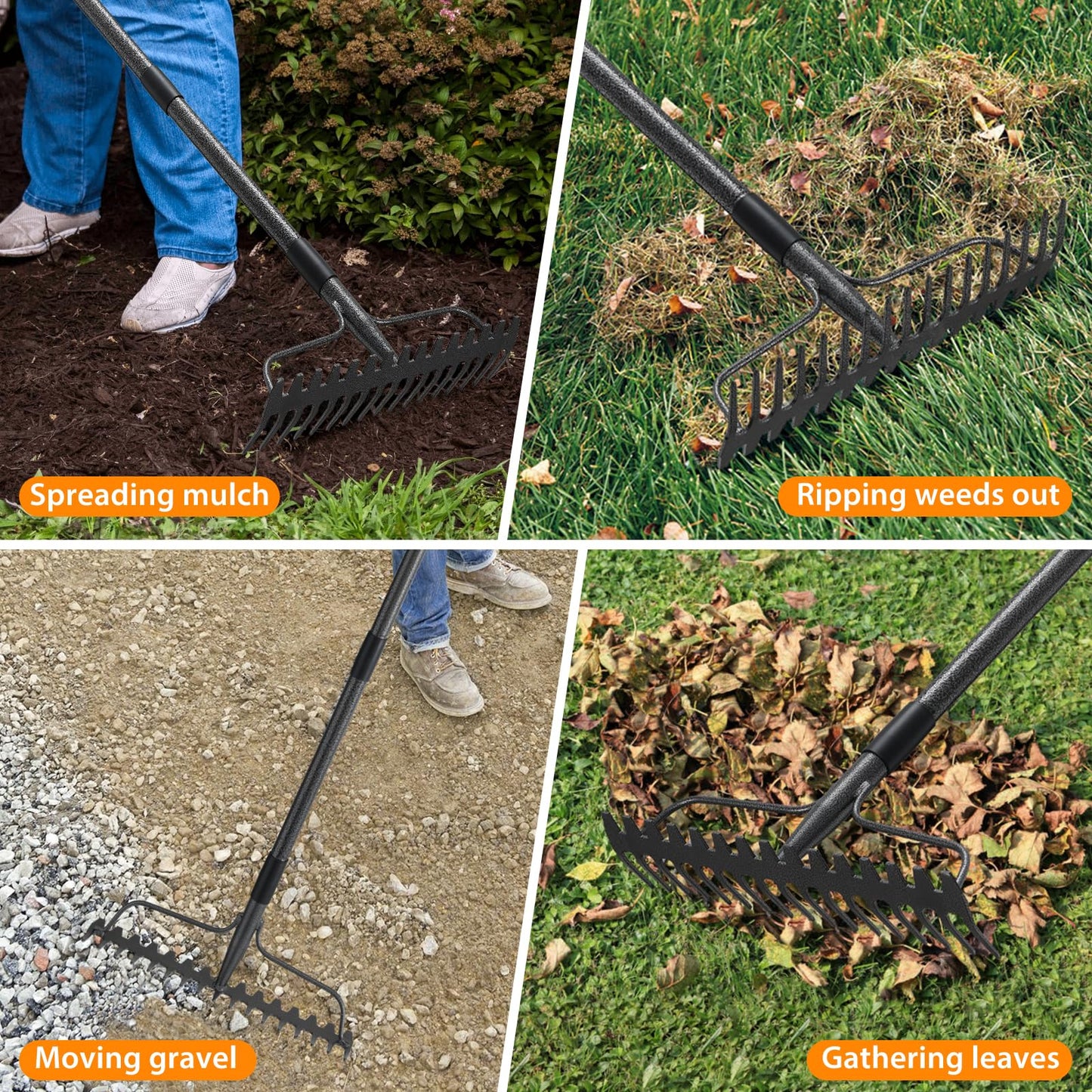 Rake, 17 Tines with 49 Inch Handle, 17 Inch Wide Heavy Duty Garden Thatch Leaf Rake for Raking Leaf Loosening Soil Gathering Mulch Leveling Rocks, Rustproof Metal Bow Rakes for Leaves Grass