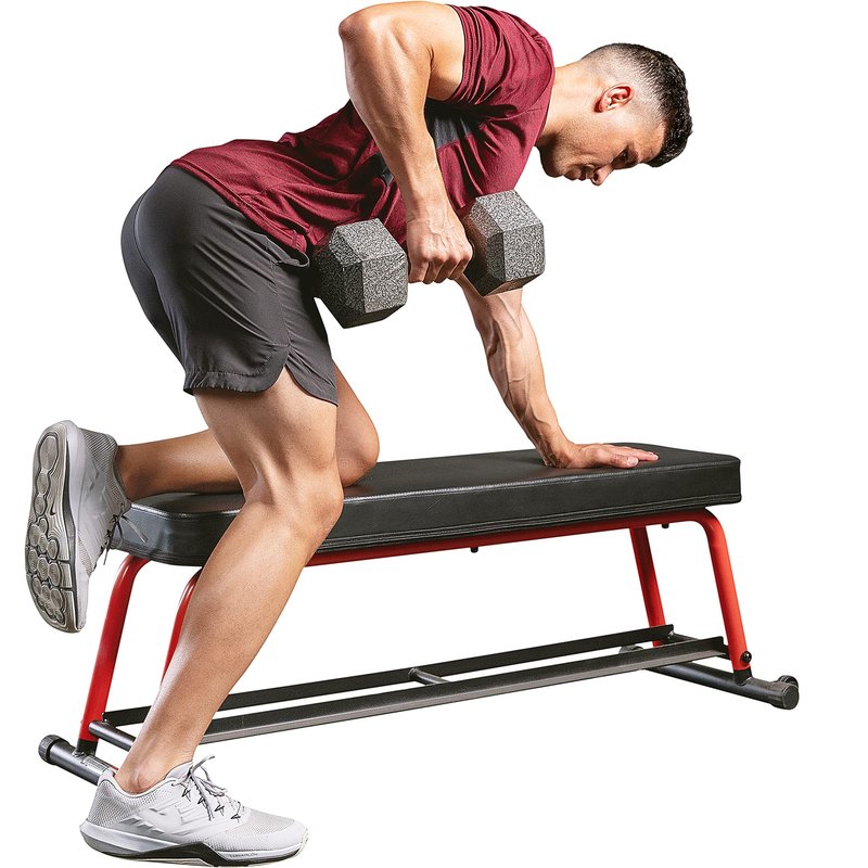 Sunny Health & Fitness Power Zone Strength Flat Bench with Dumbbell Rack and Transport Wheels - SF-BH6996, Black